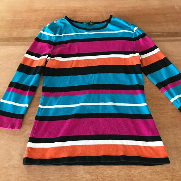 Lauren Ralph Lauren Top Women XL Blue White Striped Button Snap Accent Preppy - Picture 1 of 11